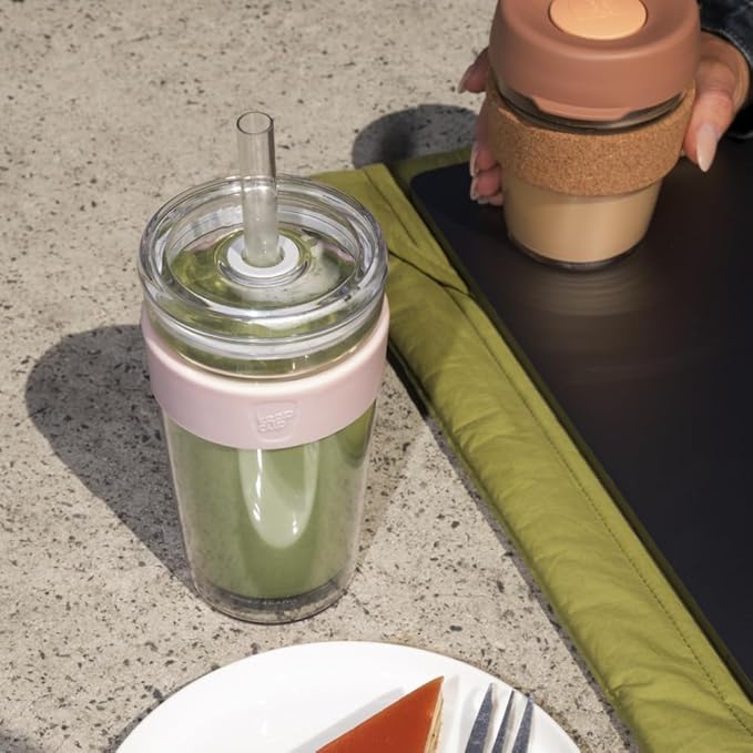 KeepCup Cold Cup - Longplay Double wall Glass Ice Coffee Tumbler with Lid and Straw - 16oz (454ml) - Chalk