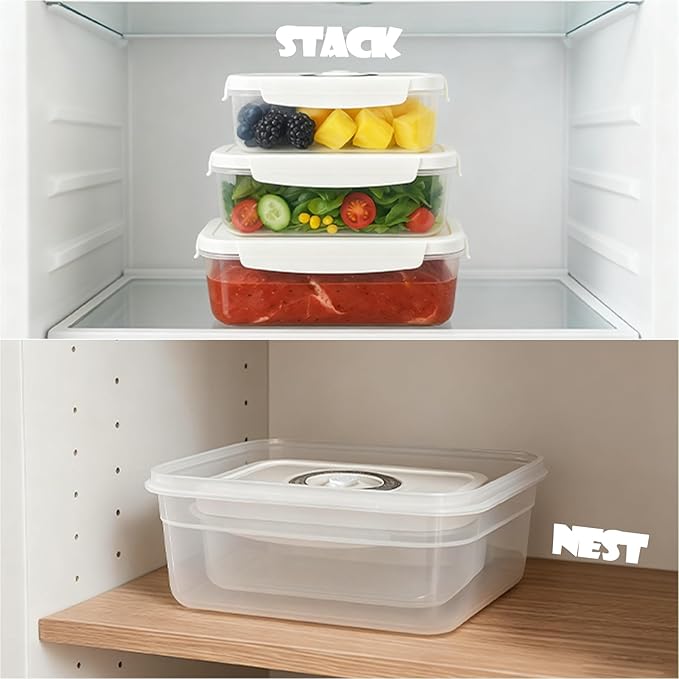 VICARKO 3-Piece Stackable Vacuum Food Storage Containers Set with Hand Pump, 17 oz/ 34 oz/ 68 oz, White, BPA-Free, Airtight, Leakproof, Date Tracker