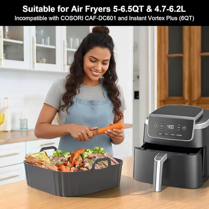 8.5 Inch Square Silicone Air Fryer Liners 2 Pack, Reusable Air Fryer Basket Liners for Ninja AF141 AF142 AF181, COSORI, Cuisinart, Chefman, Instant Air Fryer 5–6.5 QT