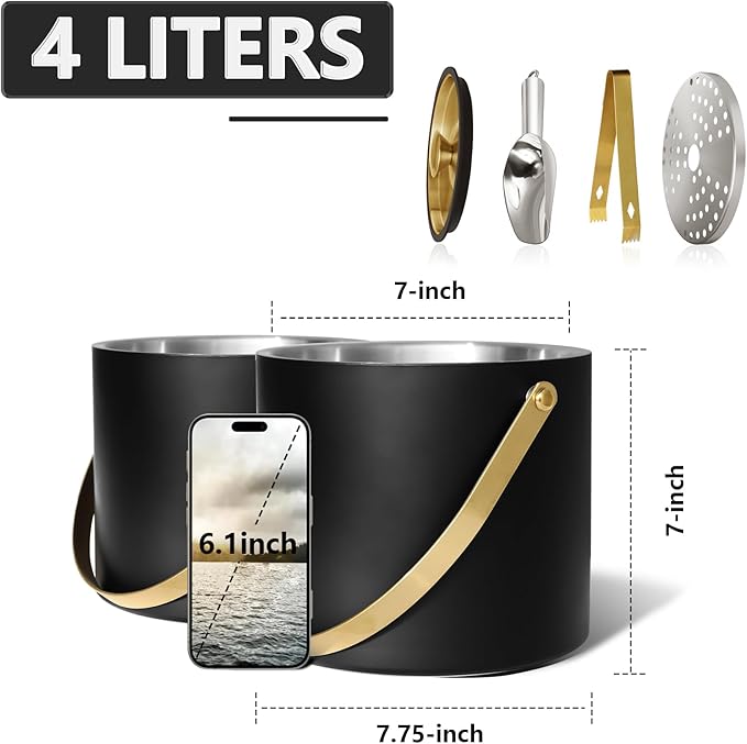 Bakpoco 4L Ice Bucket with Silicone Lid, Scoop, Gold Tongs & Strainer, Stainless Steel Double Wall Insulated Ice Buckets for Parties & Cocktail Bar Outdoor Champagne Ice Container Bin, Black