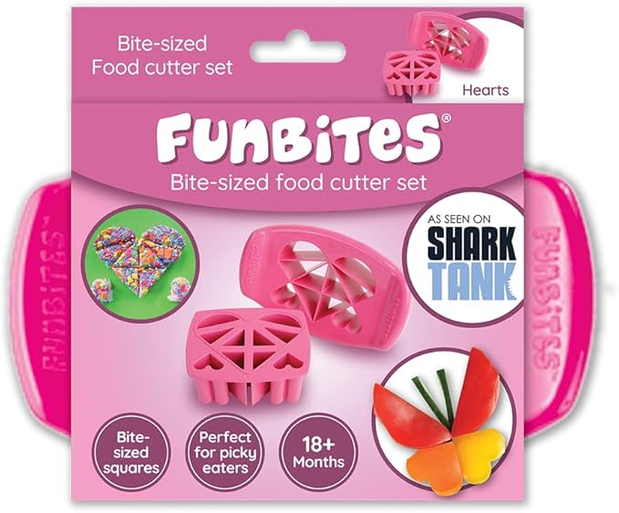 FUNBITES Crustless Sandwich Cutter for Kids Lunch (2-piece set), Uncrustable Sandwich Cutter, Bite-Size Food Cutter for Toddlers, Bento Box Accessories, BPA-FREE Dishwasher Safe, Pink Hearts 1pk