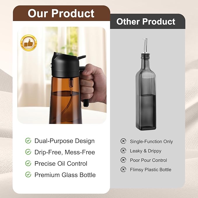 16oz/470ml Olive Oil Sprayer for Cooking, 2 in 1 Oil Dispenser Bottle Spray and Pour with Stickers, Premium Dark Brown Glass Oil Bottle for Air Fryer and Salad