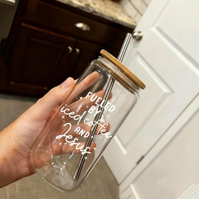 Fueled by Iced Coffee and Jesus Cup Gifts for Women-16oz Christian Glass Cup with Lid and Straw, Faith Brithday Cup Gifts for Coworkers Boss Friends Worker Nurse Teacher, Jesus Iced Coffee Cup-167