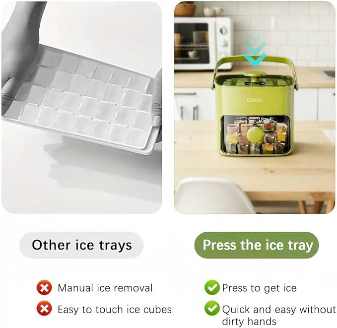 Compact Ice Cube Tray with Lid and Bin, Mini Press-Type Ice Maker for Freezer, Space-Saving Small Ice Bucket with Tongs for RV, Office, Mini Fridge & Water Bottles, BPA-Free (Green)