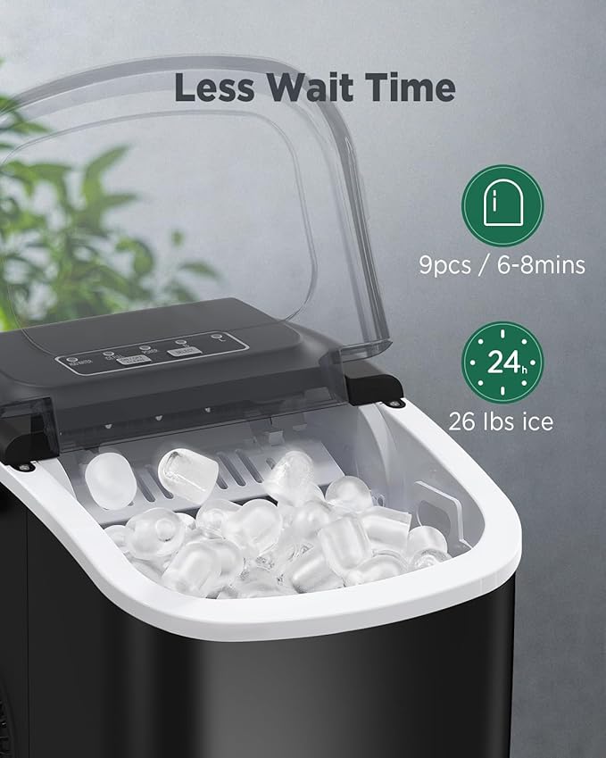 Ice Maker Countertop, Portable Ice Machine Ready in 6 Minutes with 9 Cubes 26LBS in 24H, Self-Cleaning with Ice Scoop and Basket, Two Sizes of Bullet Ice for Home Kitchen Office, Bar and Parties
