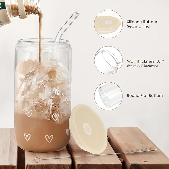 SANDJEST Heart 16oz Can Glass Tumbler with Acrylic Lid & Straw, Iced Coffee Cup for Women, Aesthetic Cups Gifts for Birthday Christmas Valentine