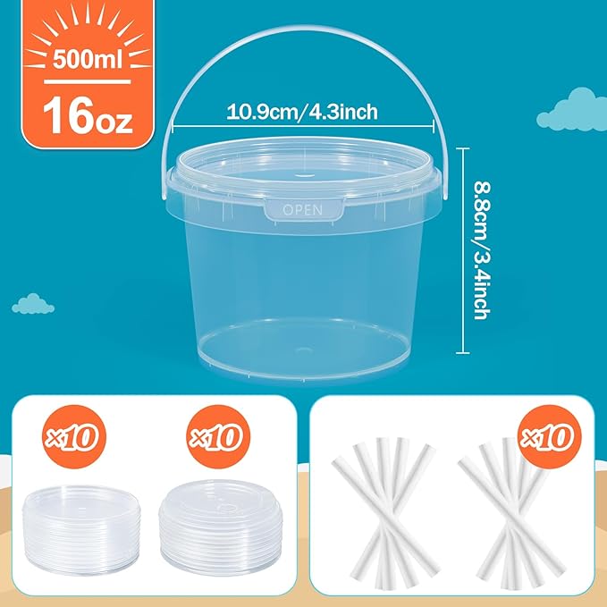 Clear Plastic Cups with Lid and Straw, Reusable Drink Bucket with Handle for Iced Coffee, Smoothie, Ice Cream - Sturdy Food Safe Party Cups for Pool, Beach, Birthday Parties (10, 16 oz)