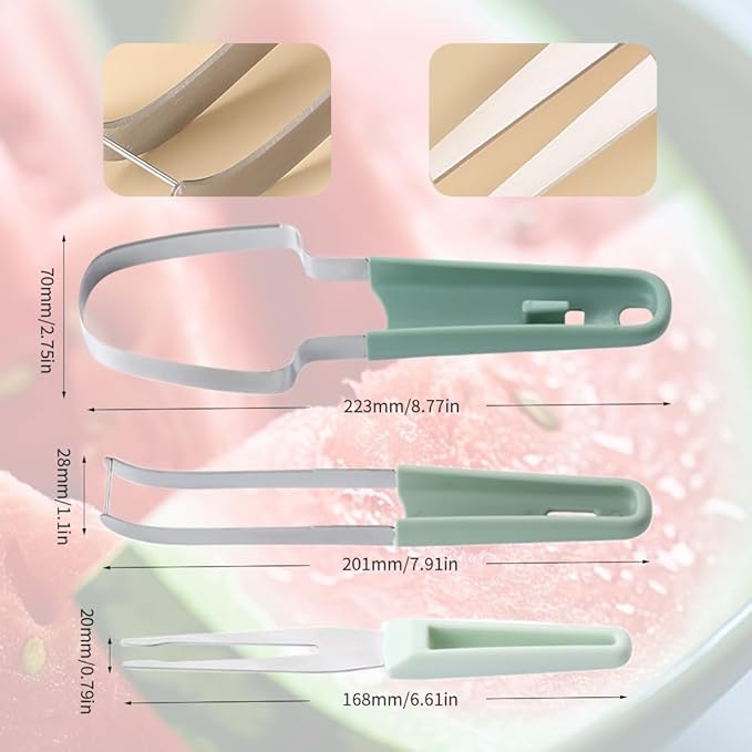 3-in-1 Watermelon Fork Slicer Cutter, 2024 New Stainless Steel Watermelon Popsicle Cutter Slicer Tool, Quickly Watermelon Fork Fruit Cutting Tool Fruit Cutters for Camping Kitchen Gadgets (Green-2)