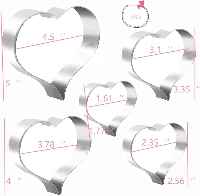 5PCS Large Heart Cookie Cutter 5" 3.78" 3.1" 2.35" 1.61" Heart Cookies Molds Stainless Steel Cutter Set for Mother's Day, Father's Day, Valentine's Day