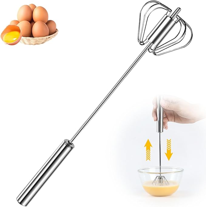 Stainless Steel Semi-Automatic Whisk, 2025 Upgraded Stainless Steel Egg Whisk Hand Push Rotary Whisk, Hand Push Mixer Stirrer Tool for Cooking Kitchen Home Egg Milk (12in)