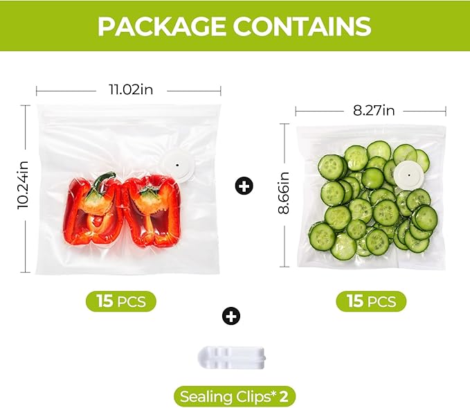 Reusable Vacuum Sealer Bags for Food with Air Valve, 30 Pack BPA‑Free Food Saver Bags Dishwasher‑Safe, Freezer,Microwave, Odor-Resistant, Leak‑Proof for Leftovers, Meal Prep, Sous Vide, BBQ