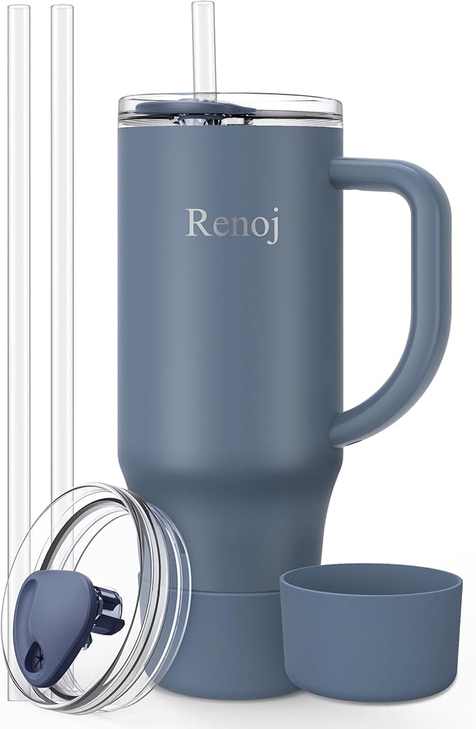 Renoj Insulated Mug 100% Spill Resistant Insulated Water Bottle for Iced Coffee & Hot Drinks - Fits Car Cup Holder, Ideal Gift, 2 Straws & Silicone Boot - FlexSlide Navy Blue 32 oz