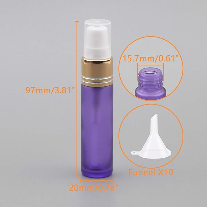 Ellbest 10ml Small Spray Bottles Empty Mist Spray Glass Bottle Mini Perfume Vilas Atomizer Travel Glass Containers for Cosmetics Sample, Cleaning (10 Matte Purple Bottles &5 Droppers &10 Funnels)
