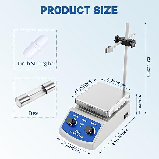 SH-2 Magnetic Stirrer, 520℉ Hot Plate Mixer, 100-2000rpm Magnetic Hot Plate Stirrer with Stir Bar and Support Stand, for Industrial, Agricultural, Medical, Scientific Research institutions
