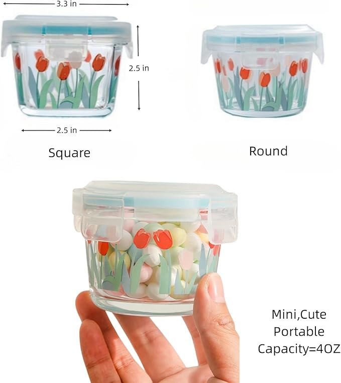 Ivymei 2 Pack Mini Glass Containers with lids,Small Tulip Food Storage Contaiers Glass Food Jars for Food Portion,Dipping Sauce,Snack,Yogurt,Fruit,Leakproof,Microwave Freezer Safe