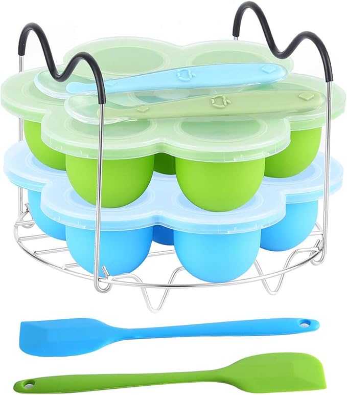 ROTTAY Silicone Egg Bites Molds and Steamer Rack Trivet with Heat Resistant Handles Fit Instant Pot Accessories, 7pcs set for 6qt & 8qt Electric Pressure Cooker With 2 Spoons and Silicone spatula