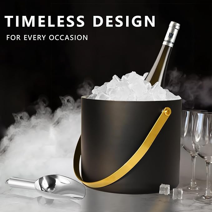 Bakpoco 4L Ice Bucket with Silicone Lid, Scoop, Gold Tongs & Strainer, Stainless Steel Double Wall Insulated Ice Buckets for Parties & Cocktail Bar Outdoor Champagne Ice Container Bin, Black