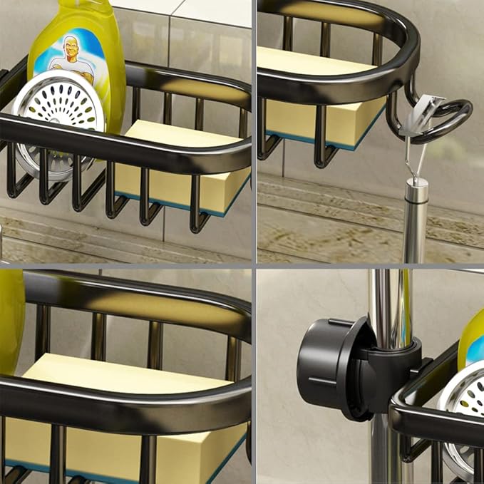 Faucet Sponge Holder Kitchen Sink Caddy Organizer - Over Faucet Hanging Drain Rack for Sink - Upgraded with Dishcloth Rack (Silver)