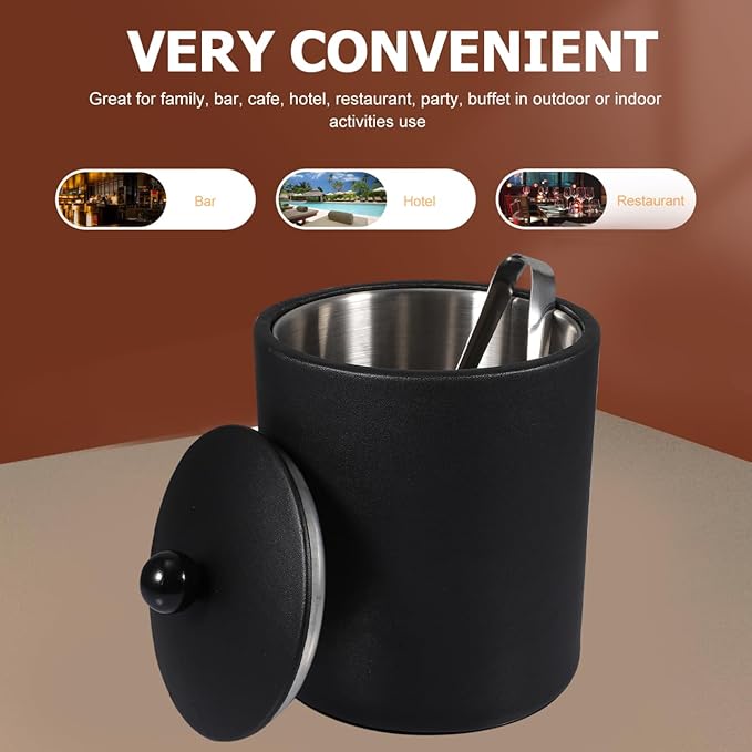 Ice Bucket with Lid, Tongs and Strainer, Stainless Steel Insulated Ice Bucket for Cocktail Bar, Ideal for Cocktail Bar, Parties, Chilling Wine, 5.5 x 5.5 x 7.3 inches (Black)