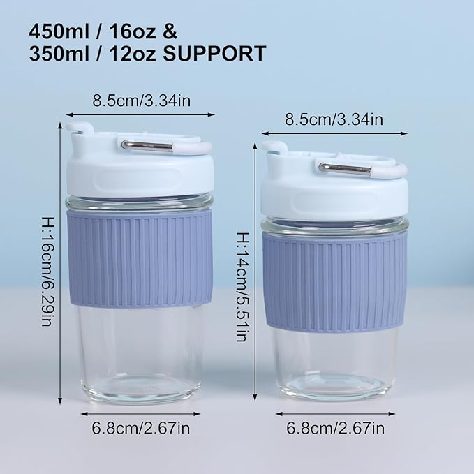 Sivaphe Reusable Glass Ice Hot Coffee Cup 12 oz, Portable Travel Mug with Spill-Proof Lid and Thermal Sleeve for Home Office Blue