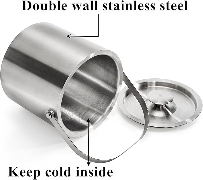 Tebery Stainless Steel Insulated Ice Bucket with Lid and Tong Double Walled Silver Barware Serveware for Parties Events Gatherings - 6.7H x 7.5W Inches