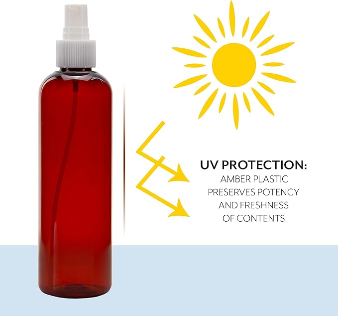 Cornucopia Brands 8oz Amber Brown Plastic Spray Bottles with White Fine Mist Atomizers (Pack of 6) Brown Plastic Spritzer Bottles