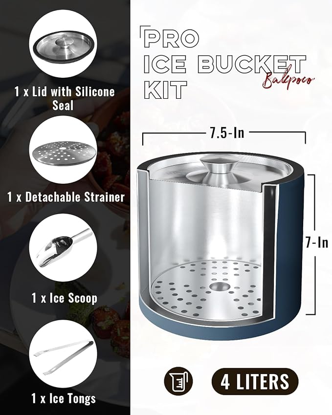 Bakpoco 4L Ice Bucket with Silicone Lid, Scoop, Tongs & Strainer, Stainless Steel Double Wall Insulated Ice Buckets for Parties & Cocktail Bar, Outdoor Champagne Ice Container Bin, Navy