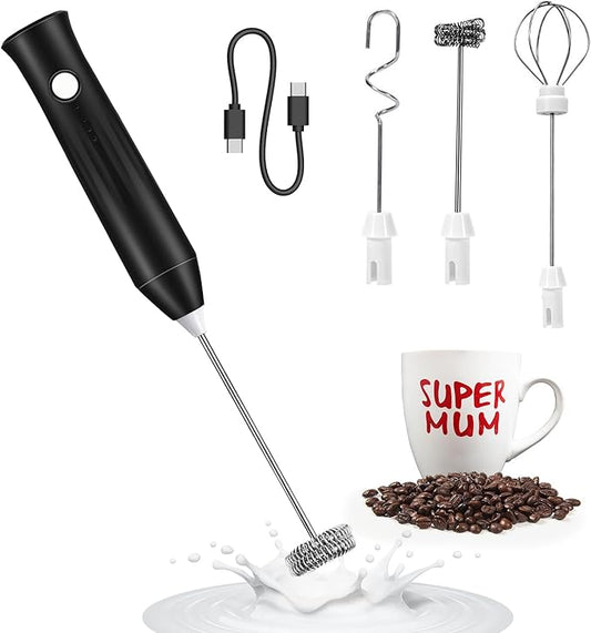 Milk Frother Handheld Rechargeable USB C, 3-in-1 Coffee Frother Wand Drink Mixer Electric Whisk Stirrer with 3 Detachable Stainless Steel Heads, 3 Speed Powder Mixer Foam Maker for Mom's Gift, Black