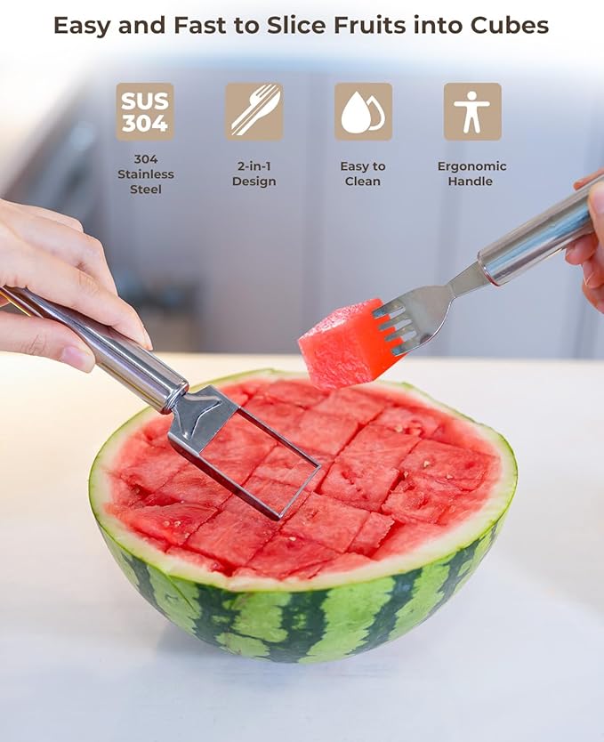 CripsTaste 2 Pack Watermelon Fork Cutter Slicer Tool, 2-in-1 Stainless Steel Fruit Cutter Melon Slicer Cutter Tool, Watermelon Cutting Tool for Home Party Camping Kitchen Gadget
