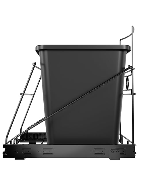 Pull Out Trash Can Under Cabinet Adjustable Trash Can Holder for 7 to 11 Gallon Bin Bottom Mount Slide Out Trash Rack for Narrow Cabinets(Black, No Bin Included)