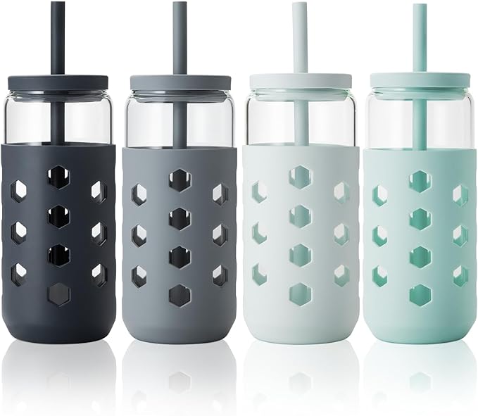Mrsdry Glass Cups with Lids and Straws (4 Pcs), 20oz Drinking Glasses Set with Silicone Sleeves for Coffee Bar Accessories Iced Coffee Cups with Lids, Glass Tumbler Reusable for Gifts