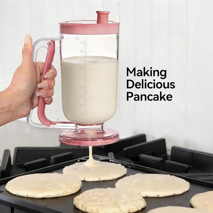 Pancake Batter Dispenser with Built-in Mixer Handle - No-Drip Handheld Funnel for Pancakes, Baking, Waffles, Cupcakes & Muffins - Easy Squeeze Baking Tool for Perfect Portions (Pink with Mixer)
