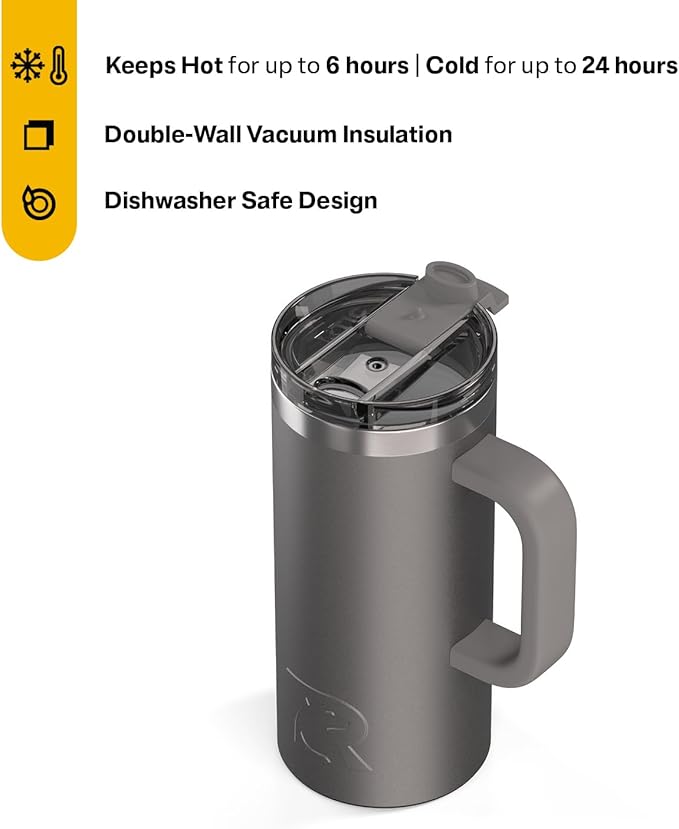 RTIC 16oz Road Trip Travel Mug with Lid and Handle, Ceramic Lined, Insulated, Stainless Steel, Metal, Double Wall Vacuum-Insulation, Portable Coffee, Tea Cup for Hot and Cold Drink, Graphite
