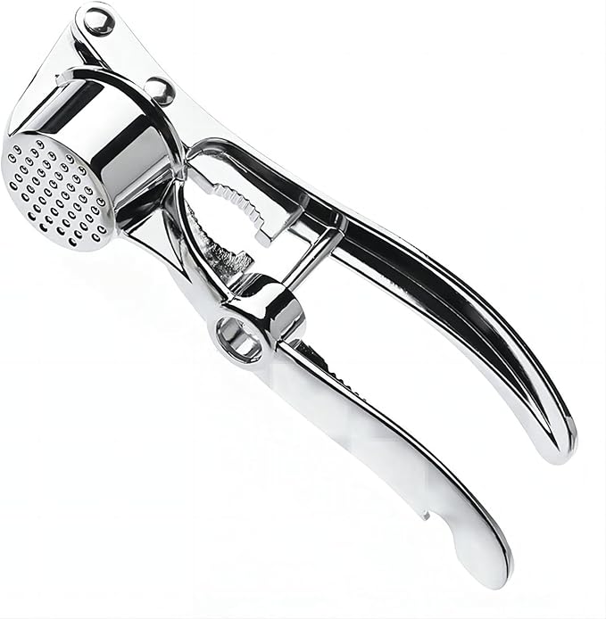 5-in-1 Stainless Steel Garlic Press, Multi-Function Kitchen Gadget with Mincer, Crusher, Bottle Opener, Pit Remover