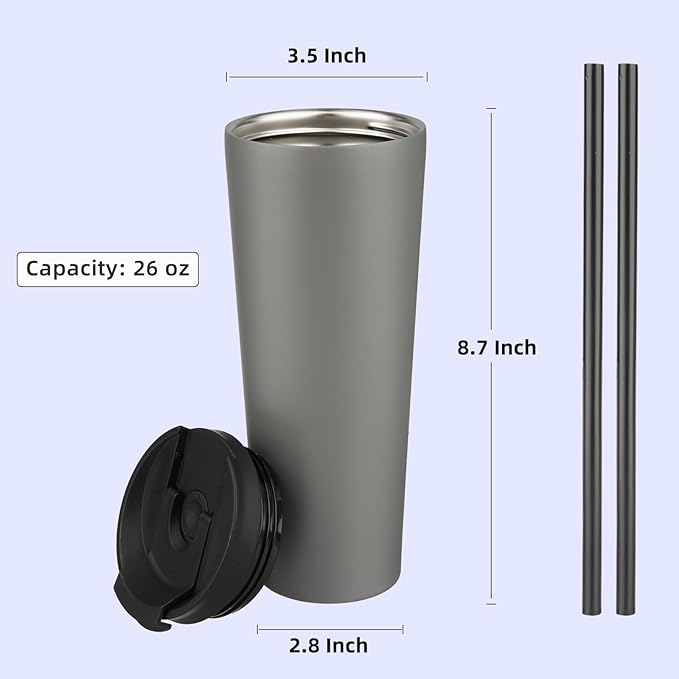 Konokyo 26 OZ Insulated Tumbler with Lid and 2 Straws Stainless Steel Water Bottle Vacuum Travel Mug Coffee Cup,Gray