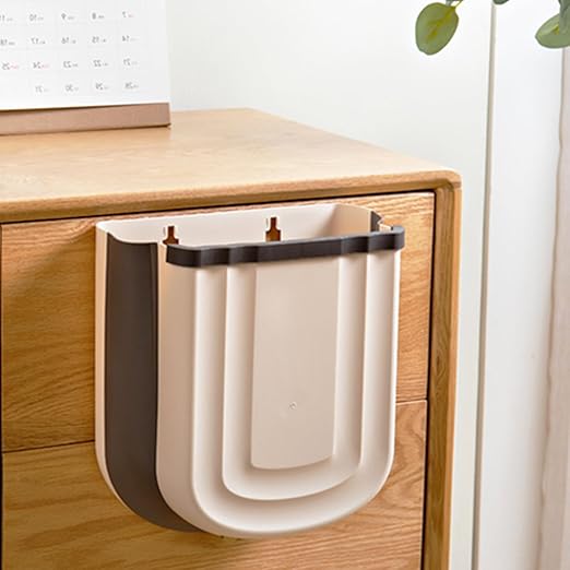 Hanging Trash Can, 9L Collapsible Plastic Waste Bin for Cabinet Door, Wall Mounted 2.4 Gallon Foldable Small Wastebasket for Kitchen, Bathroom, Bedroom (Khaki)