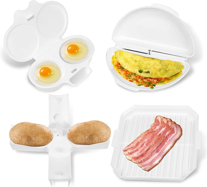(4pcs) Easy Breakfast Set, Microwave Egg Cooker/Poacher, Microwave Omelet Maker, Microwave Bacon Tray/Cooker, Baked Potato Cooker, Easy To Use and Non-Stick Egg Cookwarez