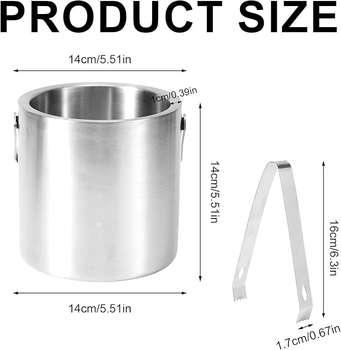 1.3L Stainless Steel Ice Bucket with Lid and Tongs, Small Double Wall Ice Pail Chill Container for Cocktails, Beer, Wine, Champagne, Keep Drinks Frozen Longer at Home, Bars, Parties, Outdoor