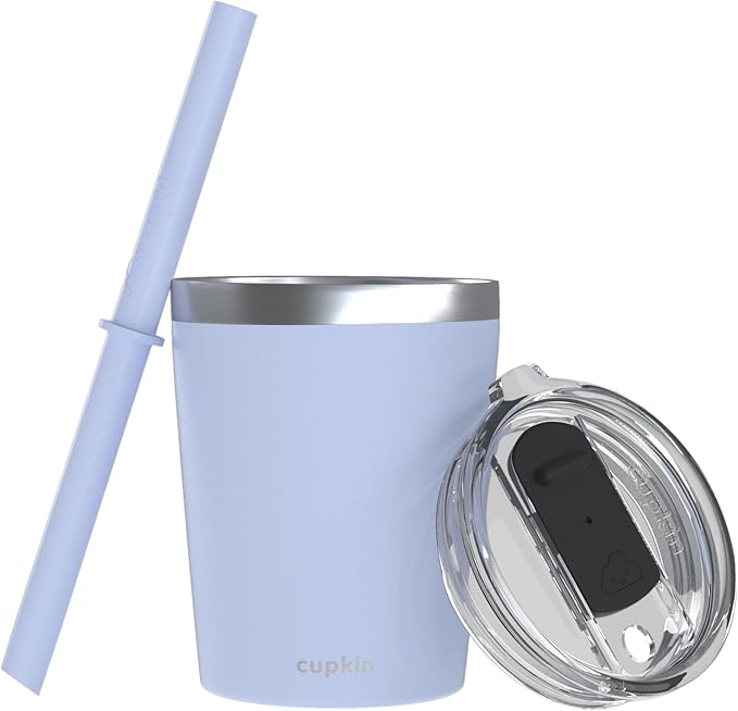 CUPKIN Stackable Stainless Steel Kids Cup Smoothie Tumbler, Powder Coated Insulated Tumblers, BPA Free Lid and Silicone Straw 8 Fl Oz (Pack of 1), Gray