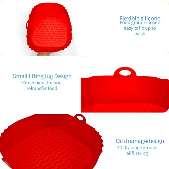 2 Pack Air Fryer Liners,8 Inch Silicone Airfryer Liners,Air Fryer Accessories,Reusable Baking Tray Oven Accessories,Replacement of Flammable Parchment Paper (Red Blue) (Black&Red&Blue)