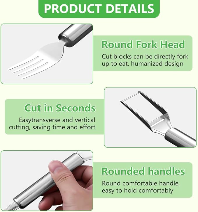 2-in-1 Stainless Steel Fruit Cutter, Watermelon Slicer with Fork, Dual Head Watermelon Fork Slicer Tool for Cubes, Fruit Knife with Round Handle for Home Kitchen, Picnic & Party (2Pack)