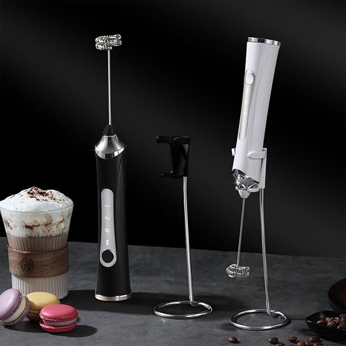 Rechargeable Milk Frother Handheld For Coffee,3 Speeds Frother Wand With Stand, Batidora De Mano Electrica,Coffee Frother With 2 Heads,Drink Mixer Electric Handheld,Kitchen Essentials (White)