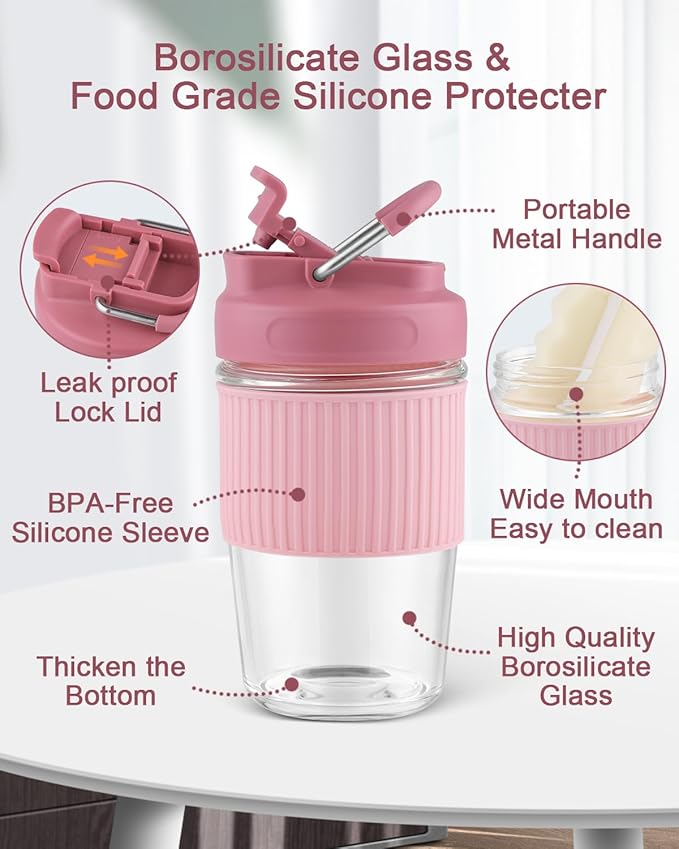 Sivaphe Reusable Glass Ice Hot Coffee Cup 16 oz, Portable Travel Mug with Spill-Proof Lid and Thermal Sleeve for Home Office Pink