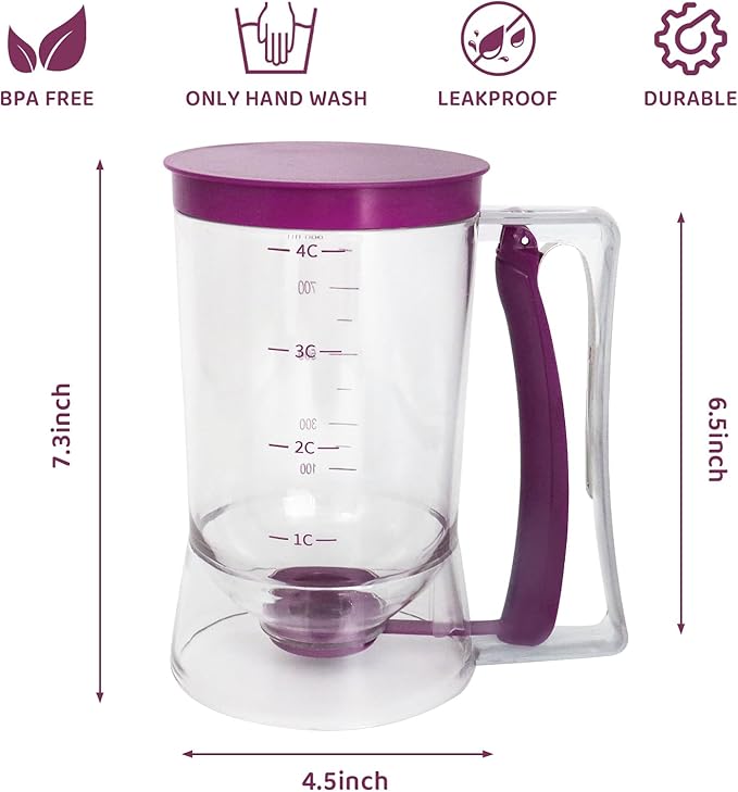 Pancake Batter Dispenser, Kitchen Must Have Tool for Perfect Pancakes, Cupcake, Waffle, Cake & Crepe, Batter Separator Maker with Measuring Label, Easy Pour Baking Supplies for Griddle (Purple)