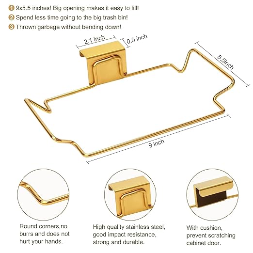 2 Pcs Large Stainless Steel Trash Bag Holder for Kitchen Cabinets Doors and Cupboards, Under Sink, Garbage, Kitchen Waste Can, Trash Cans, Gold