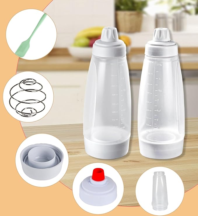 Pancake Batter Dispenser,Pancake Batter Dispenser Bottle with Whisk Ball and Stand Base, Batter Mixer and Dispenser for Pancakes, Crepes, Waffle,Kitchen Baking Tool 2 Packs