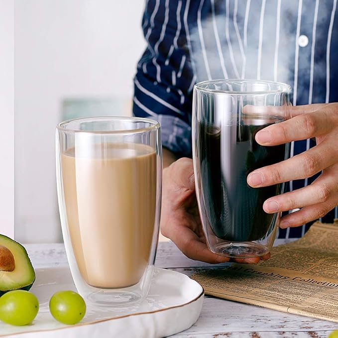 CNGLASS Double Wall Thermo Glass Coffee Cup 13.5 oz,Clear Insulated Glass Coffee Mug for Latte Cappuccino Tea Milk,Set of 4