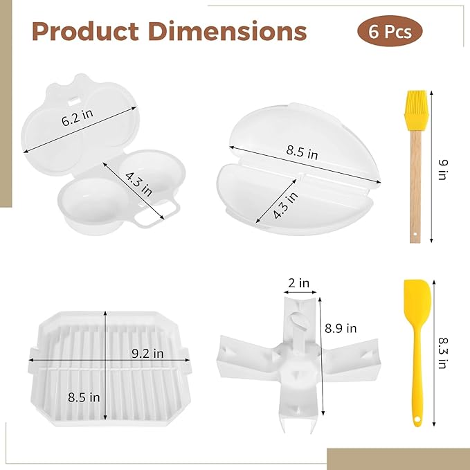 6 PCS Microwave Breakfast Cooking Set, Includes microwave egg cooker, Omelet Maker, Bacon Tray, Potato Rack, Silicone Spatula & Brush, Non-Stick and Easy-to-Use Microwave Egg Bacon Cooking Kit