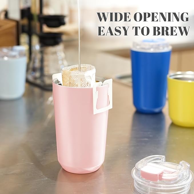 Puraville Insulated Tumblers with Lid, 14 oz Travel Coffee Mug Stainless Steel Vacuum Cup, Leak Proof Reusable Double Walled Coffee Tumbler for Iced and Hot Drinks, Pink
