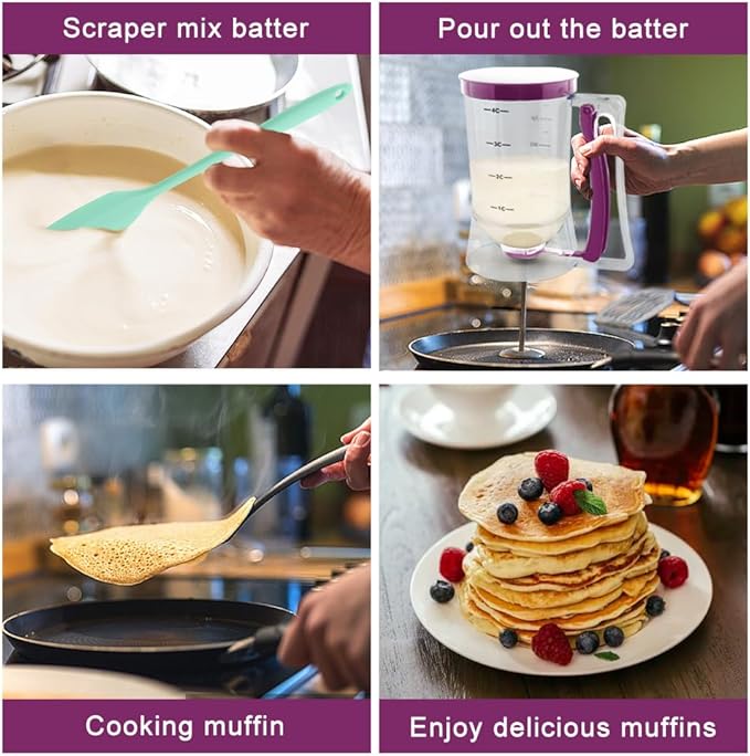 Pancake Batter Dispenser with Squeeze Handle, Cupcake Batter Dispenser with Oil Brush & Scraper for Precise Portion Control, Baking Tool for Pancakes Cupcake, Waffle, Muffin Mix (Purple)